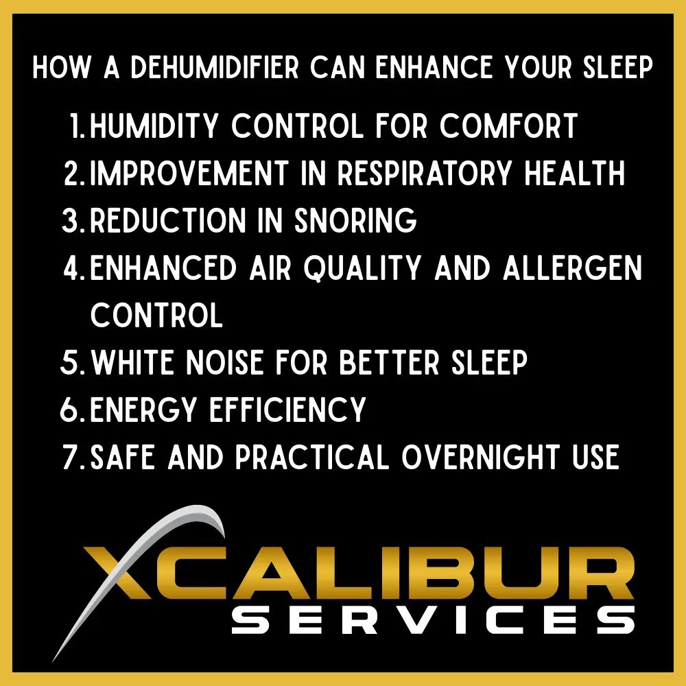 Infographic from Xcalibur Services Titled "How a Dehumidifier Can Enhance Your Sleep", the text reads "Humidity Control for Comfort
Improvement in Respiratory Health
Reduction in Snoring
Enhanced Air Quality and Allergen Control
White Noise for Better Sleep
Energy Efficiency
Safe and Practical Overnight Use"