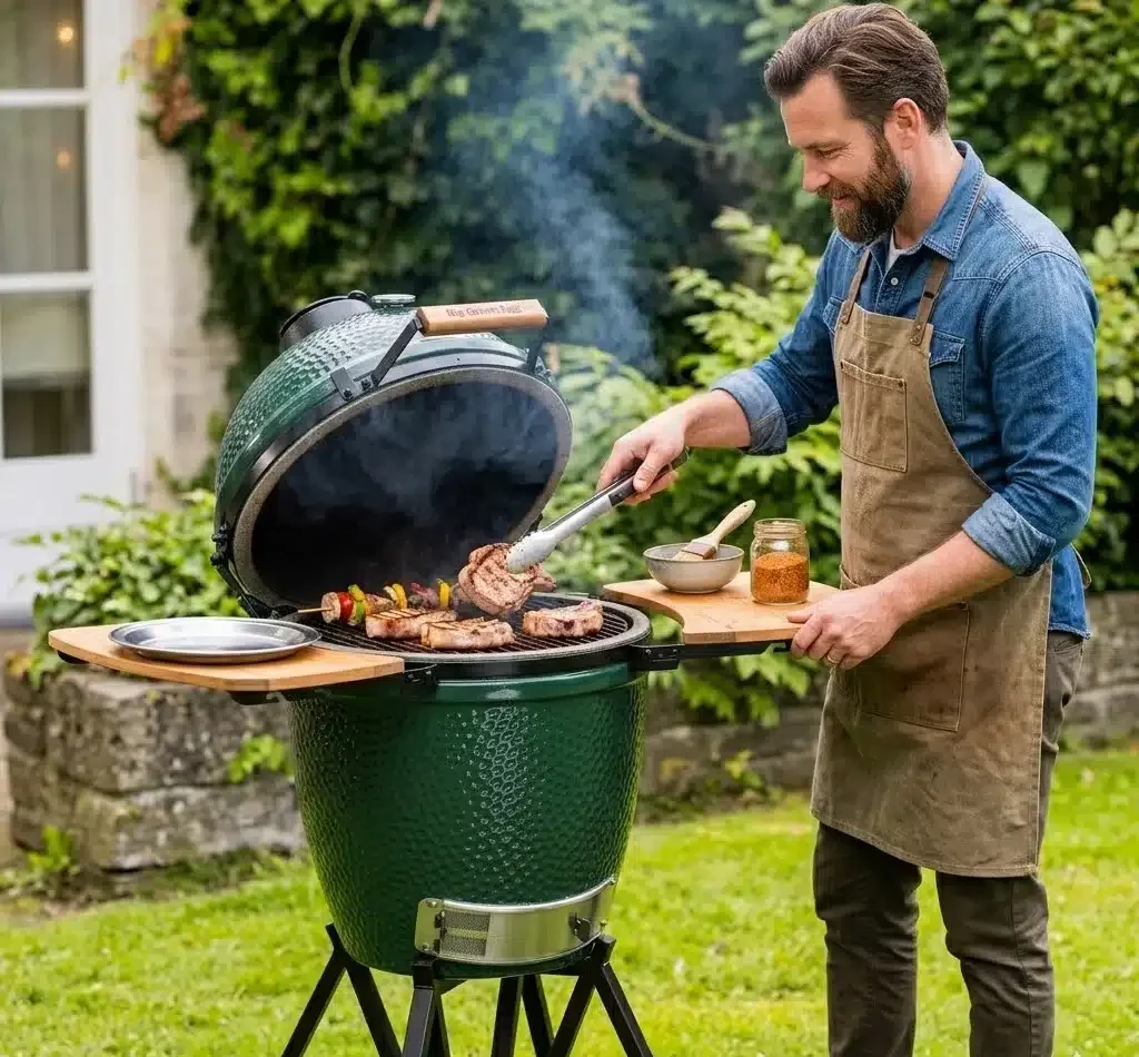 Man using big green egg grill.